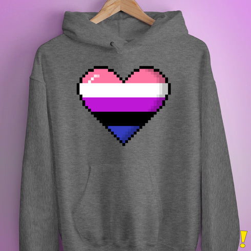Genderfluid Pride 8-Bit Pixel Heart Hoodie - Grey Heather